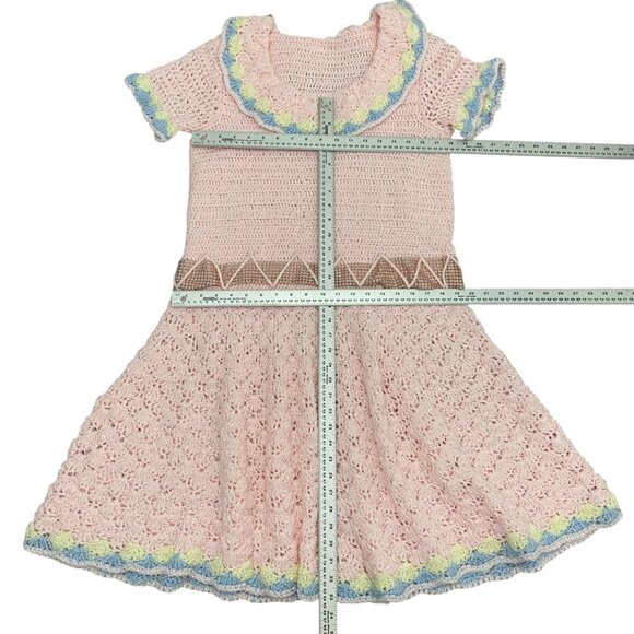 Vintage Handmade Crochet women Barbie style Dress With Scallop Trim Zigzag Belt - Picture 8 of 16